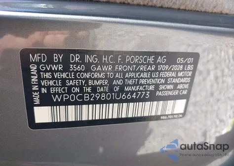 2001 Porsche Boxster S from USA, damaged, VIN WP0CB29801U664773